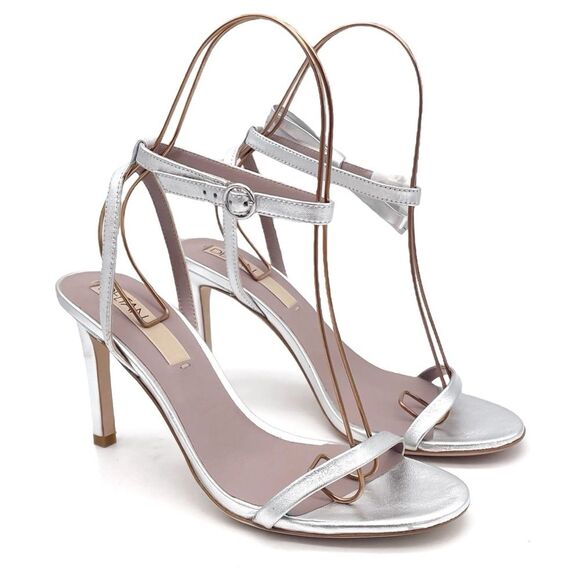 Deltan Miranda Leather Ankle Bow Strappy Dress Sandals Metallic Silver Size 9.5 - Picture 7 of 15